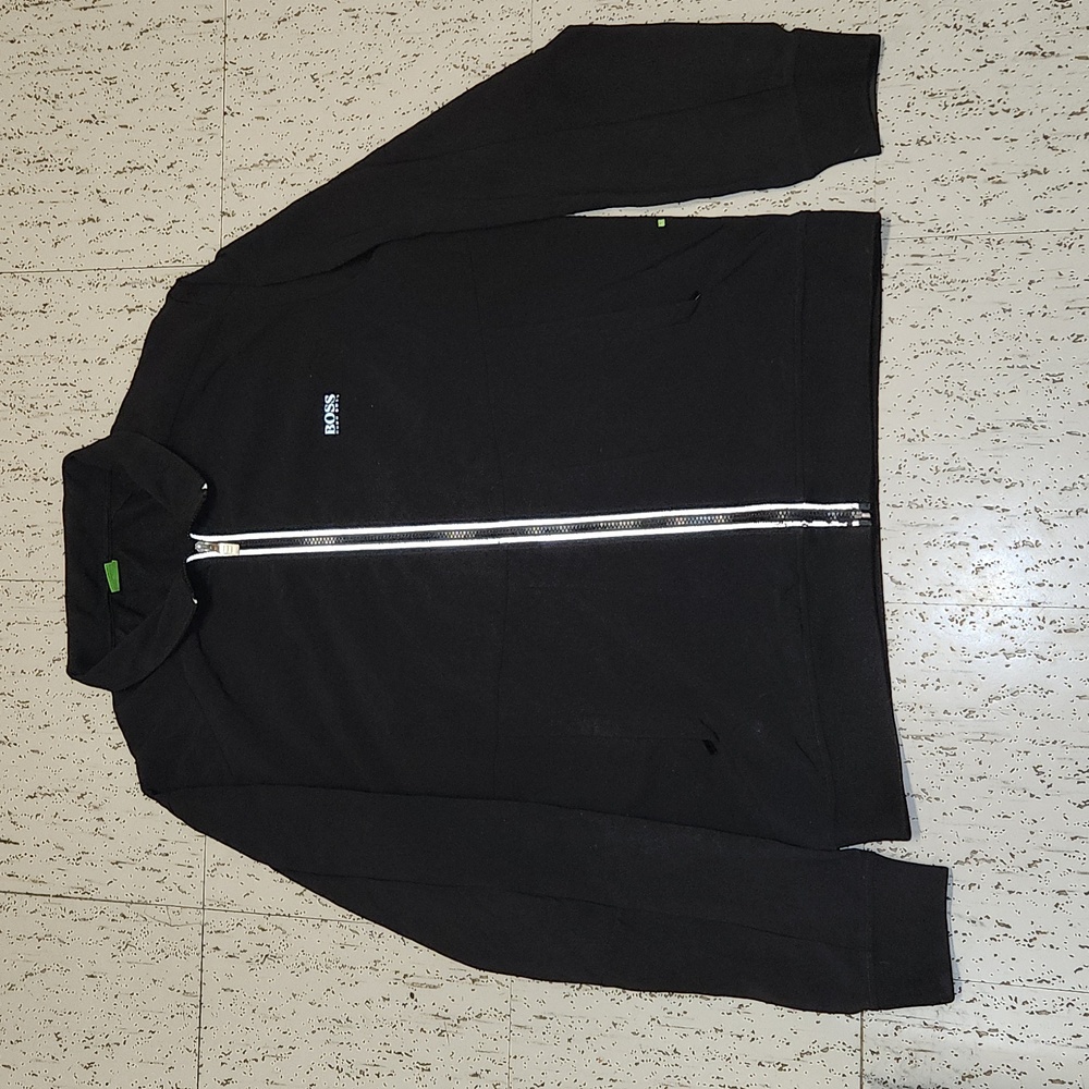 Hugo Boss Black Full Zip Light Weight Collar Sweater Jacket With Gray Accents